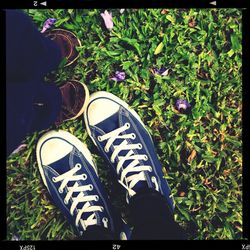 Low section of person standing on grass