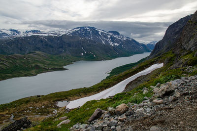 View of the gjende lake on the way down from the besseggen hike