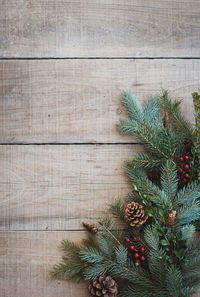 Winter greenery, pinecones and berries against rustic wood backdrop.