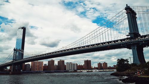 View of suspension bridge against cloudy sky