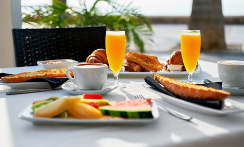 Close-up of breakfast served on table