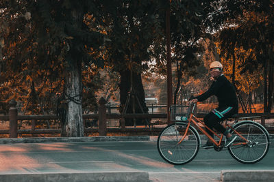 Man riding bicycle on footpath against trees