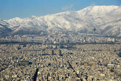 Aerial view of tehran and alborz mountains against sky