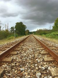 Surface level of railroad tracks against sky