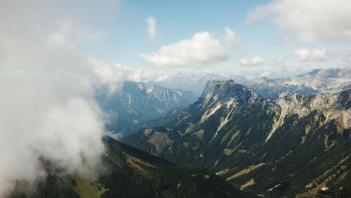 Aerial view of snowcapped mountains against sky