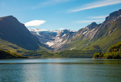 Scenic view of lake by mountains against sky