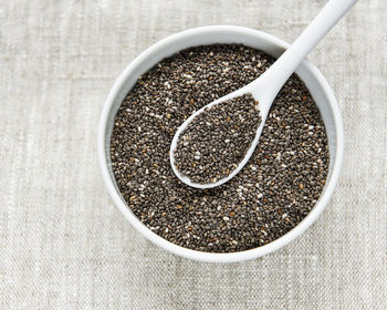 Chia seeds in white bowl and spoon on textile background.