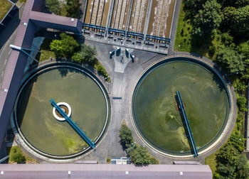 High angle view of building seen through glass window