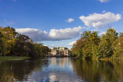 Scenic view of lake by trees against sky