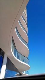 Low angle view of modern building against clear blue sky