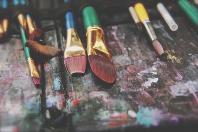 High angle view of brushes on table