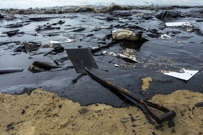 Equipment used to clean oil spill accident on ao prao beach at samet island