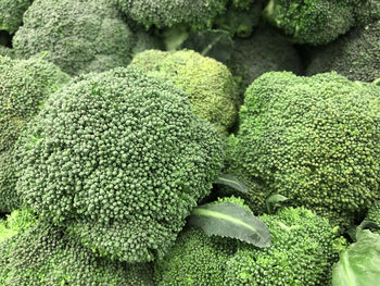 Closeup fresh broccoli green vibrant pile in basket shelf on a market. ready for cooking