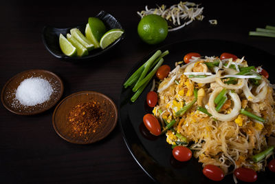 High angle view of meal served on table