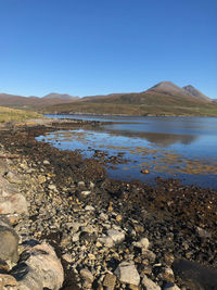 Scenic view of lake against clear blue sky