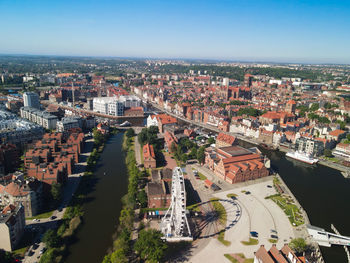 High angle view of road amidst buildings in city