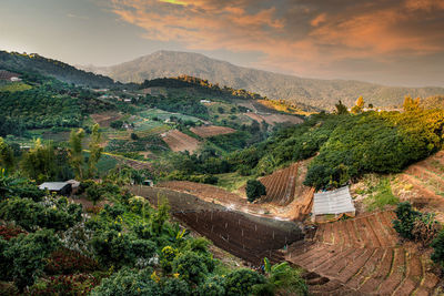 High angle view of townscape against sky during sunset