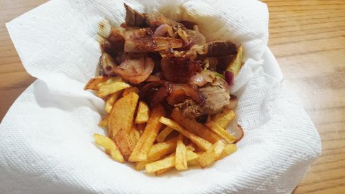 High angle view of burger on table