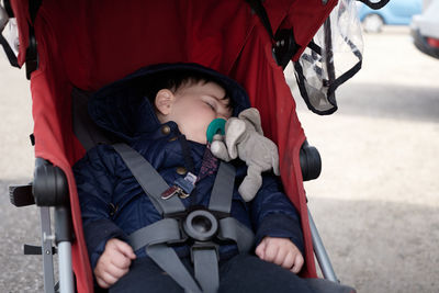 Young baby fell asleep in his stroller at the county fair