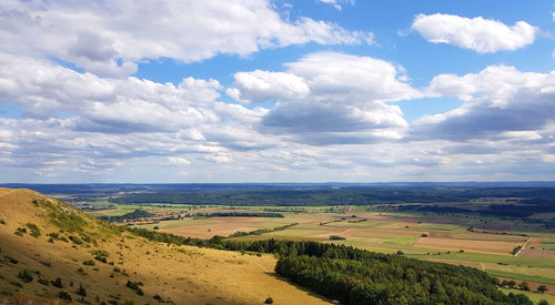 Scenic view of agricultural field against sky