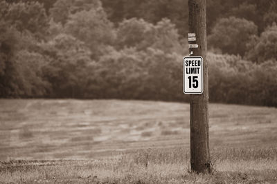 Close-up of road sign on field