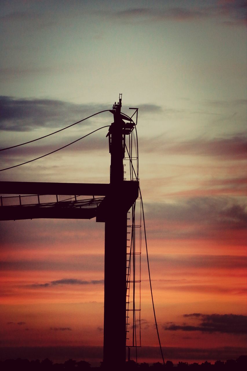 sunset, silhouette, sky, orange color, low angle view, cloud - sky, connection, built structure, fuel and power generation, technology, nature, scenics, beauty in nature, dusk, dramatic sky, tranquility, outdoors, tranquil scene, cloud, no people