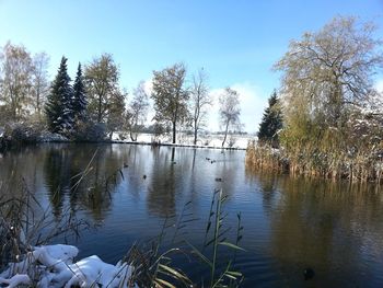 Scenic view of lake against sky during winter