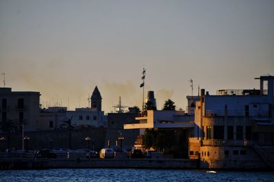 Buildings in city at sunset