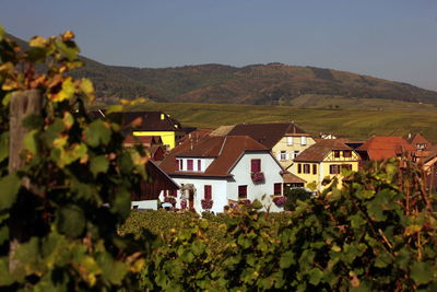 View of houses in village against mountains