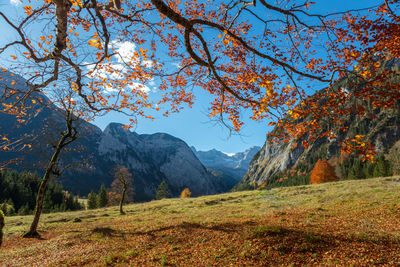 Scenic view of mountains against sky during autumn