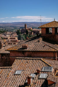 High angle view of residential district against sky