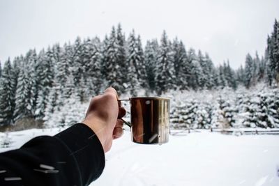 Cropped hand holding mug during winter