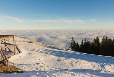 Scenic view of snow covered mountains against sky
