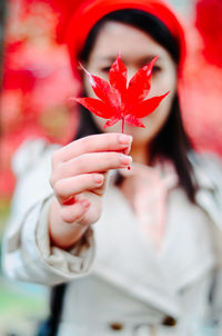 Close-up of woman holding maple leaves during autumn