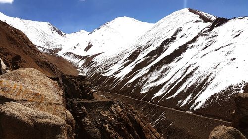 Low angle view of snowcapped mountains against clear sky