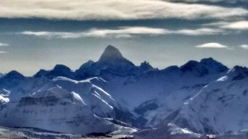 Scenic view of snowcapped mountains against sky