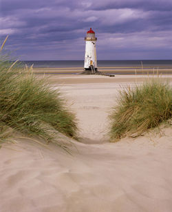 Lighthouse on beach by sea against sky