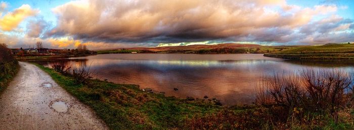 Scenic view of lake against cloudy sky