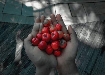 High angle view of hand holding cherries on floor