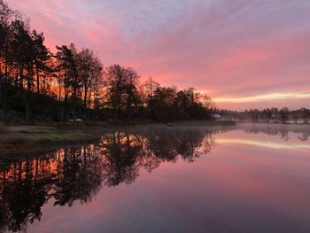 Scenic view of lake against sky at sunset