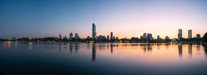 Reflection of buildings in lake