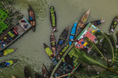 High angle view of floating guava market in bangladesh 