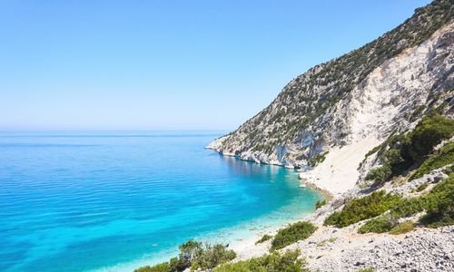 Scenic view of sea against clear blue sky