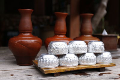 Close-up of candles on table