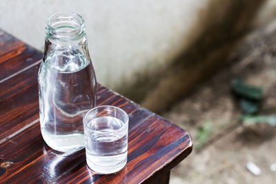 Close-up of water in glass and bottle on table