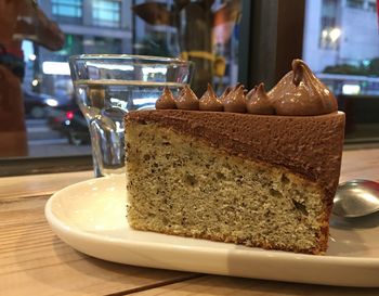 Close-up of cake served on table