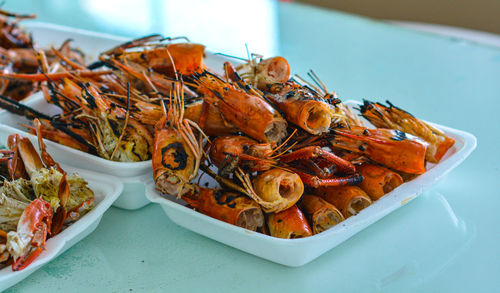 High angle view of food in plate on table