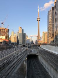 View of railroad tracks and buildings in city