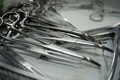 High angle view of surgical equipment on table