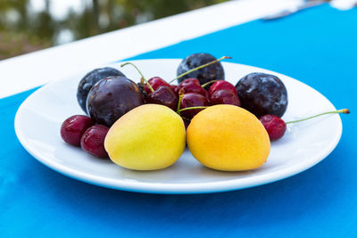 Close-up of fruits in plate on table